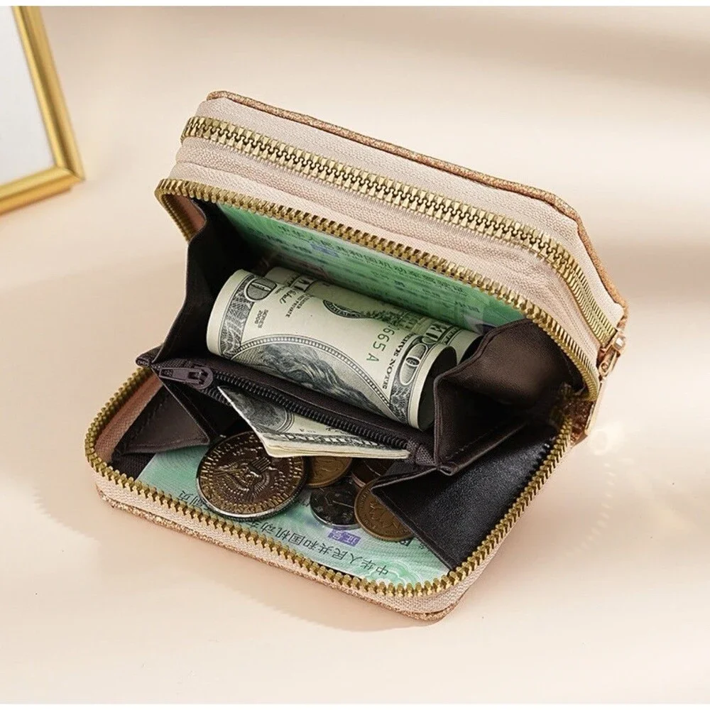 Womens Gold Glitter Wallet Double‎ Zipper Accordion Card Holder Coin Purse